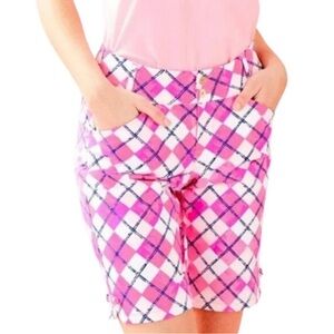 Lilly Pulitzer Bettina Pink Tropic Glo Flo Argyle Fairway Golf Shorts,  size 12